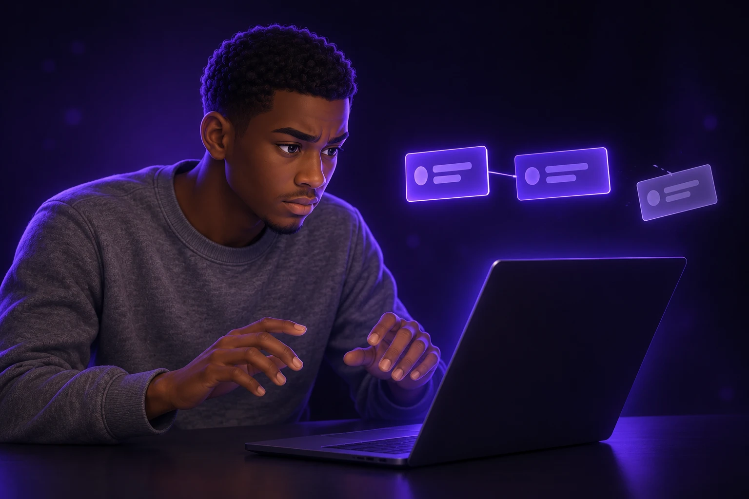 Dirigeant de PME qui suit un tutoriel d'automatisation sur son ordinateur
